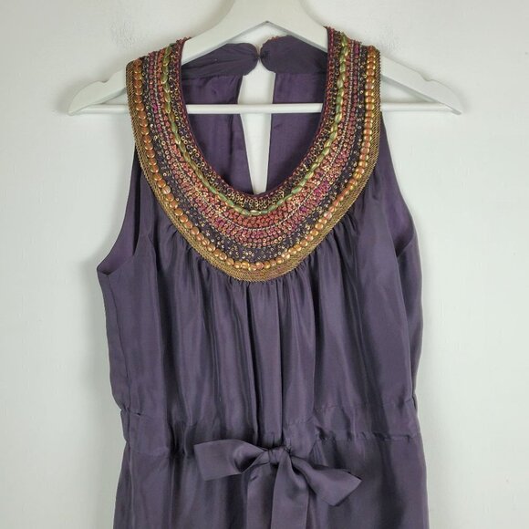 Anthropologie Dress Small Purple 100% Silk Sheath Beaded Statement Collar - Picture 4 of 11